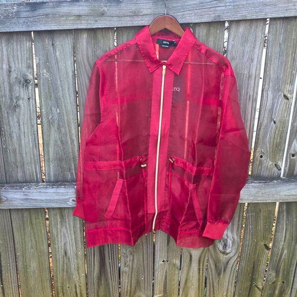 GSTQ Sheer Cinched Zip Jacket Valentine Red Gold Hardware Sz M Made in Portugal - Picture 5 of 9